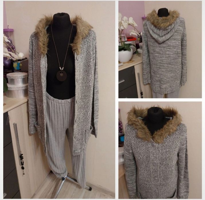 Szary dłuższy sweter z kapturem