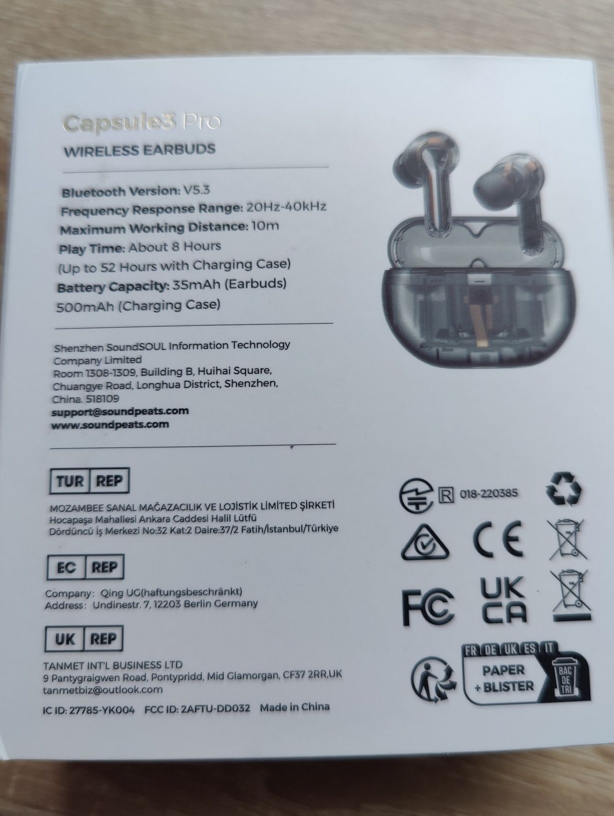 Soundpeats Capsule 3 Pro Transparentne Czarne 6 mikrofonów ANC zestaw