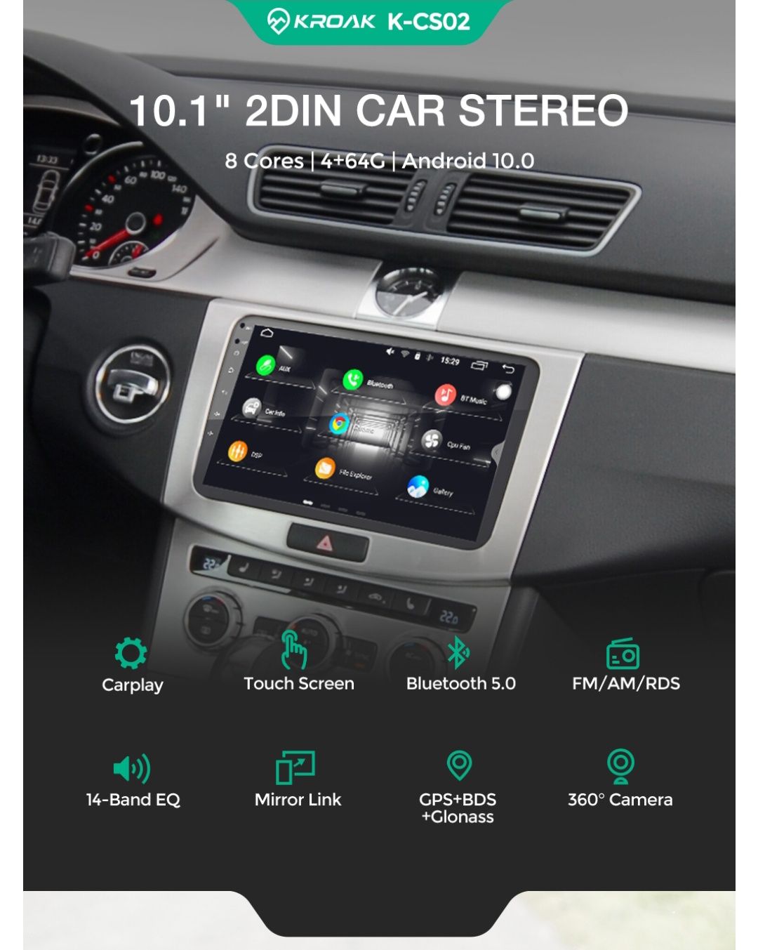 Rádio 10" android Auto Wi-Fi 2din 4/64GB Carplay GPS 8core câmara 360º