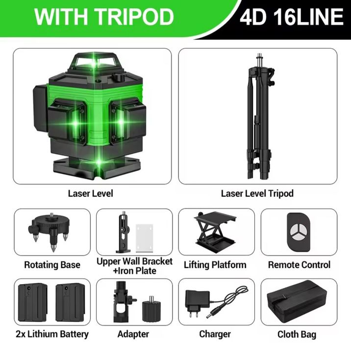 Poziomica laserowa, 4D, 360,statyw, akcesoria, torba, 2 baterie