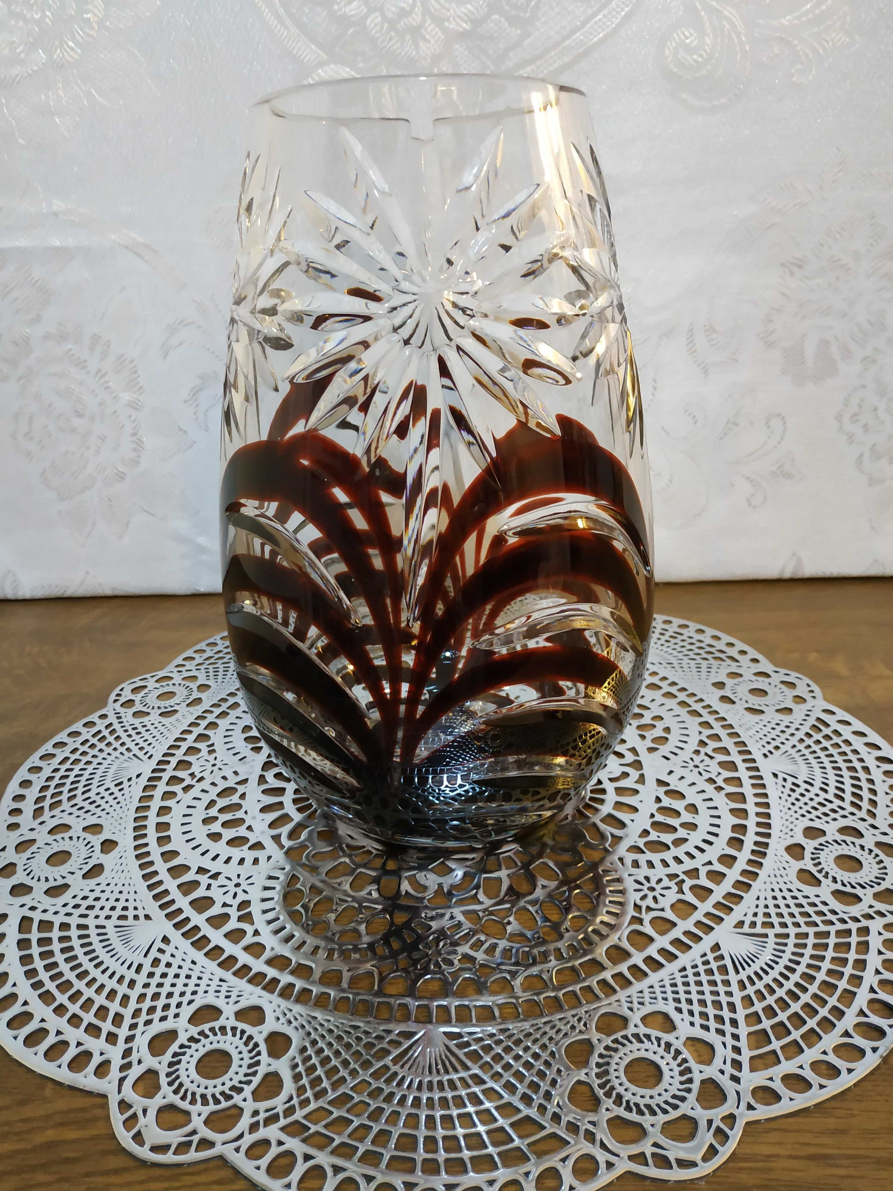 Piękny kryształowy wazon, ma brązowe zdobienia, połowa XX w.