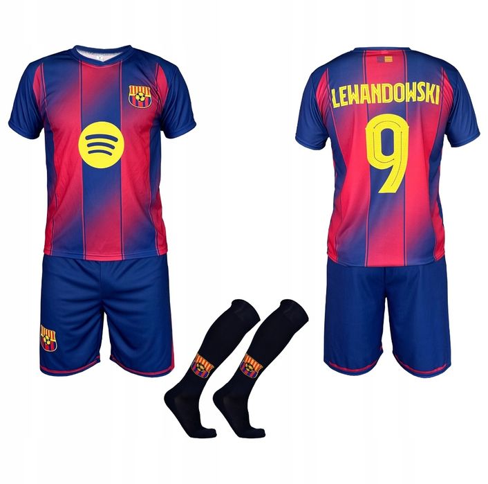Strój piłkarski dziecięcy z getrami FC Barcelona Lewandowski rozm. 116
