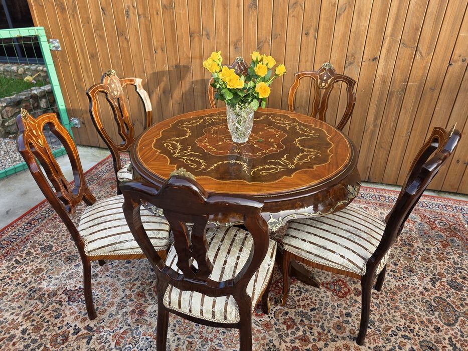 Stół okrągły intarsjowany okuwany mosiądzem + 6 krzeseł #2118 Stylowy