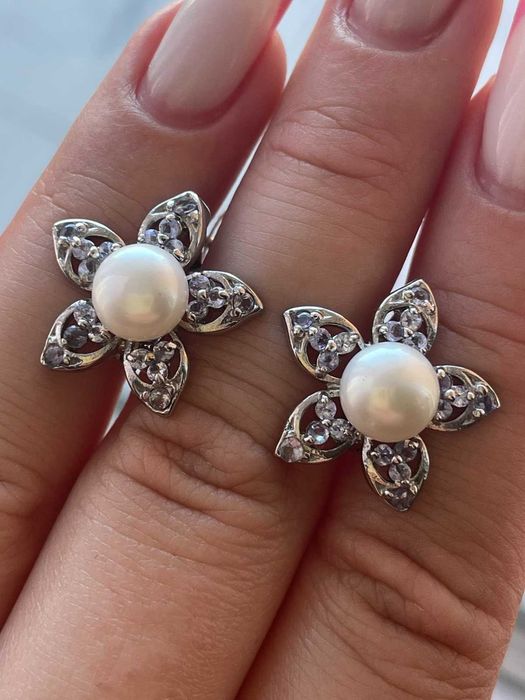 Серьги из серебра 925 пробы с танзанитом и жемчугом