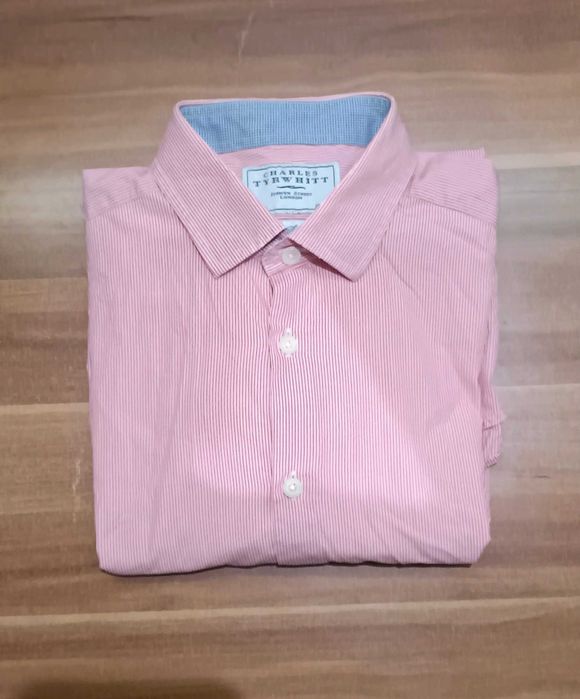 Casualowa koszula w paski z długim rękawem Slim Fit M bawełna różowa