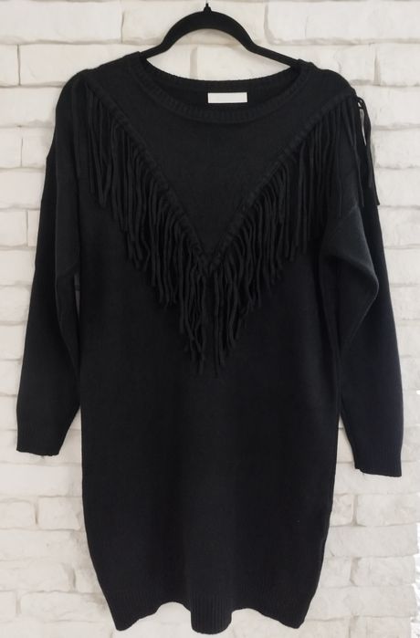 Włoska dzianinowa sukienka jak Kaszmir plus size XXL 44 46 frędzle