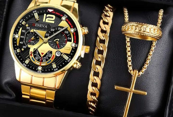 Распродажа : Мужской набор часы Geneva + браслет + перстень +цепочка с