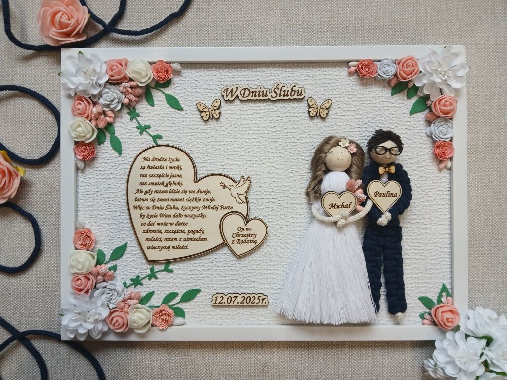 Pamiątka na ślub ramka prezent ślubny makrama