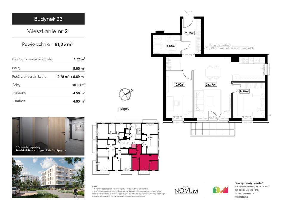 3-pokojowe mieszkanie 61,05 m2 + balkon