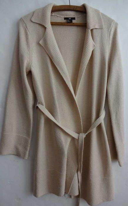 Kardigan Jasny Beżowy Długi, Ciepły, Kołnierz, Prosty Wzór, Praktyczny