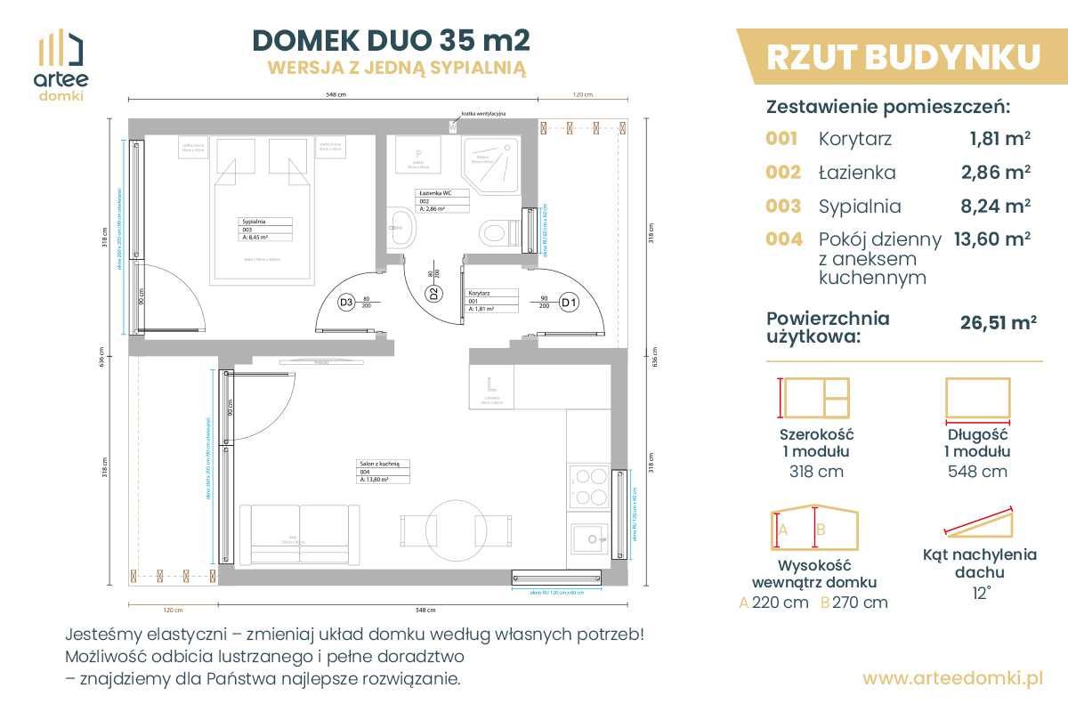Domek modułowy, całoroczny, drewniany, domek na zgłoszenie 35 m2