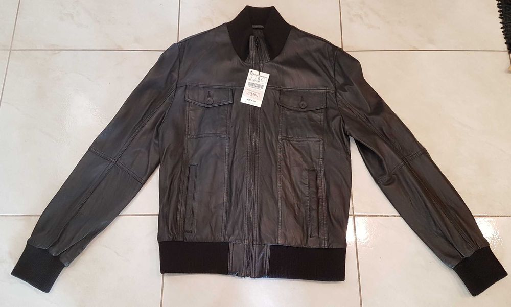 Nowa męska kurtka skórzana marki Zara ciemny brąz