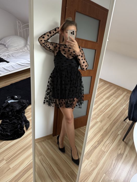 Sukienka damska czarna w gwiazdki tiulowa S/M