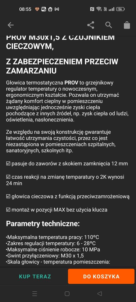 Głowica termostatyczna złota i wkładka zaworowa M30x1,5 Invena