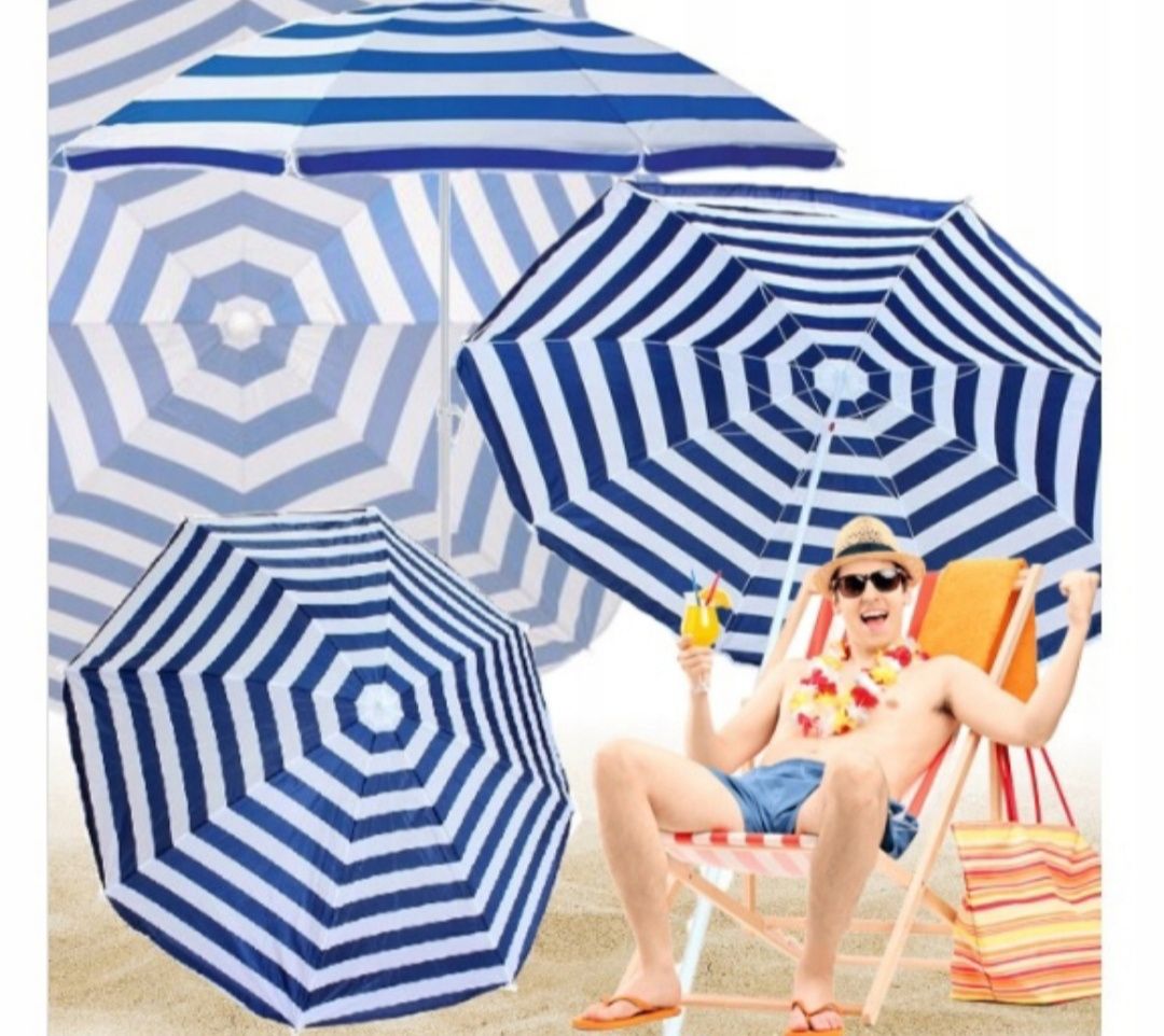 Parasol ogrodowy plażowy 160 cm składany niebieski paski łamany