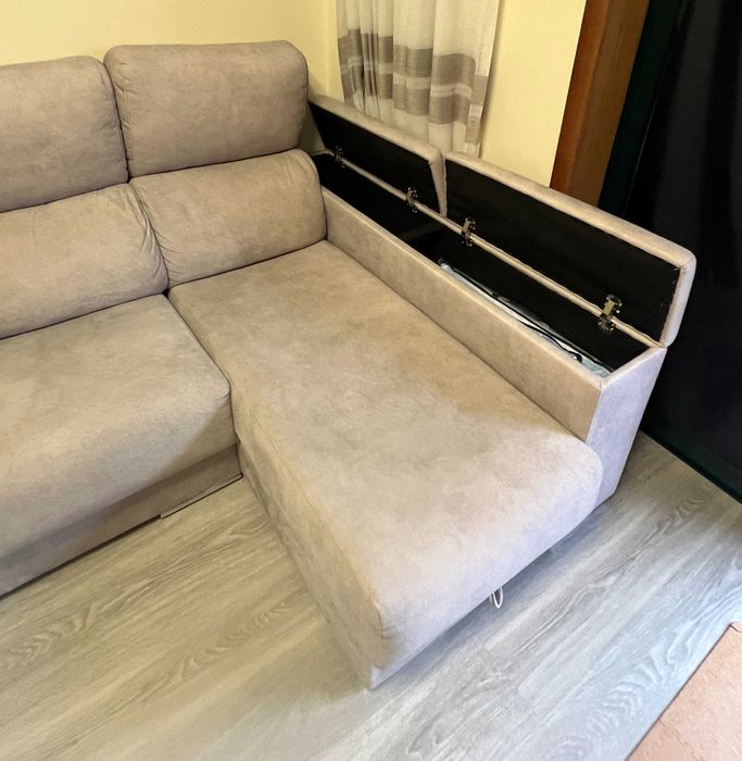 Sofá retrátil de canto 3 lugares com Chaise e Baú de armazenamento