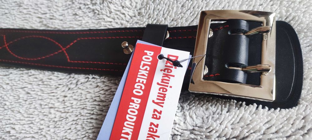 Piękny Czarny Pas Wojskowy Oficerski ze Skóry Szyty Czerwoną Nicią 135