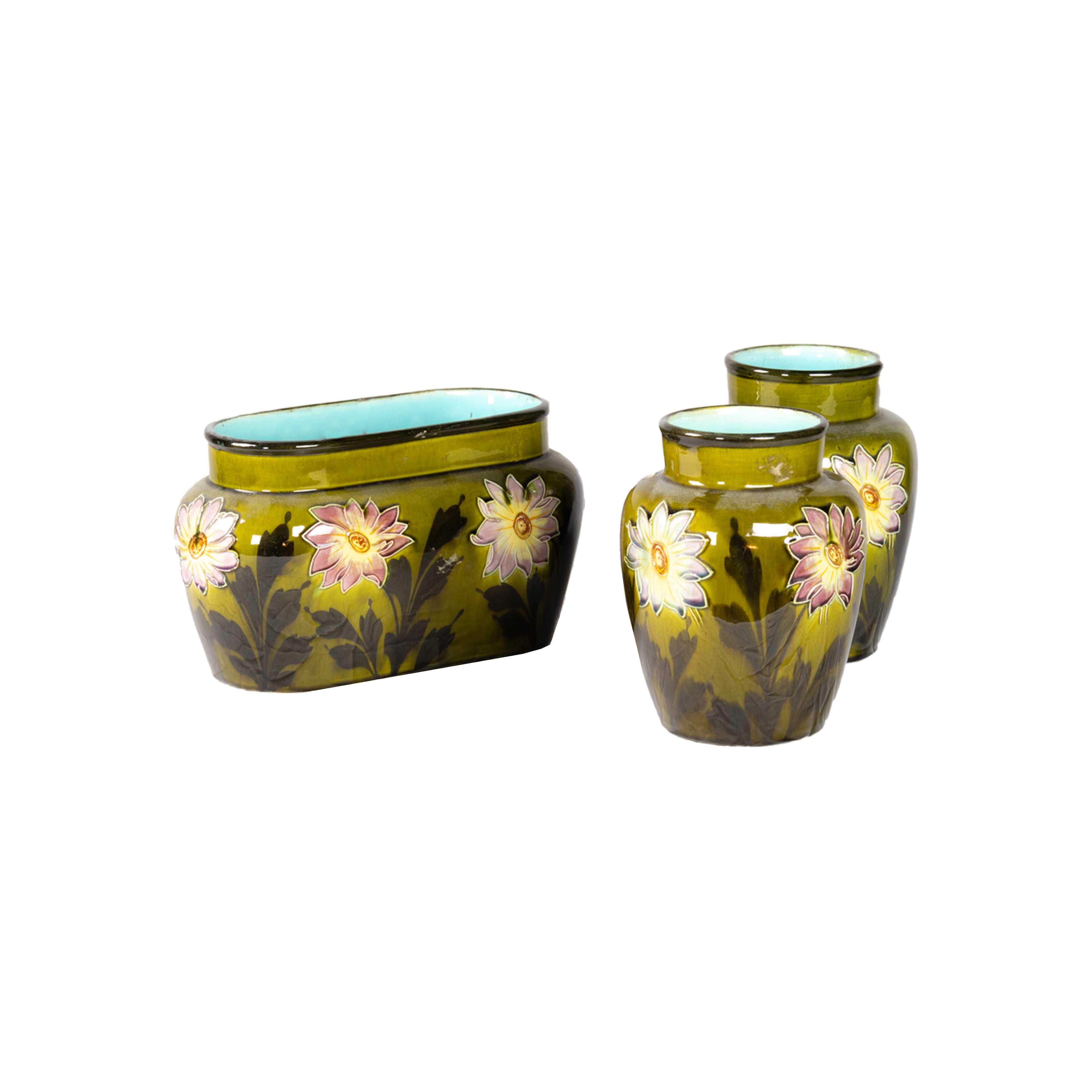 Vasos barbotina verde Boulenger Creil França | século XX