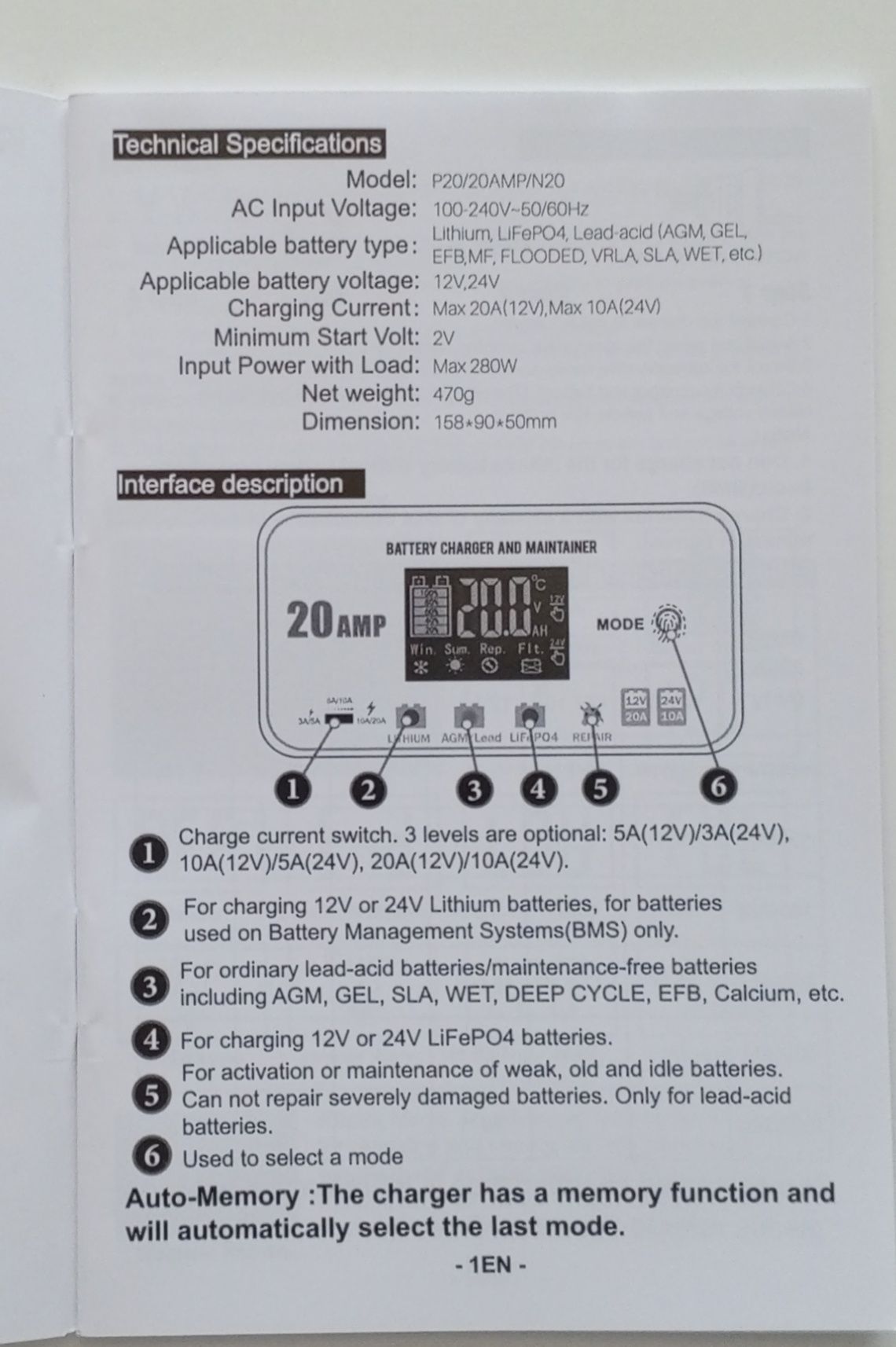 Ładowarka 12V/24V 20A agm Lifepo4