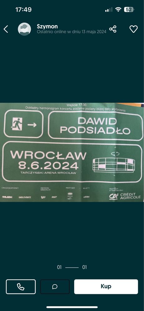 2 bilety na koncert Dawida Podsiadło we Wrocławiu 8/06/2024