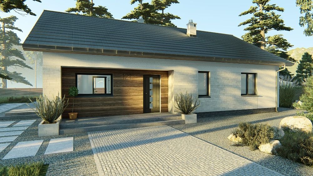 Projekt domu parterowego 108 m2 dach dwuspadowy, projekt typowy gotowy