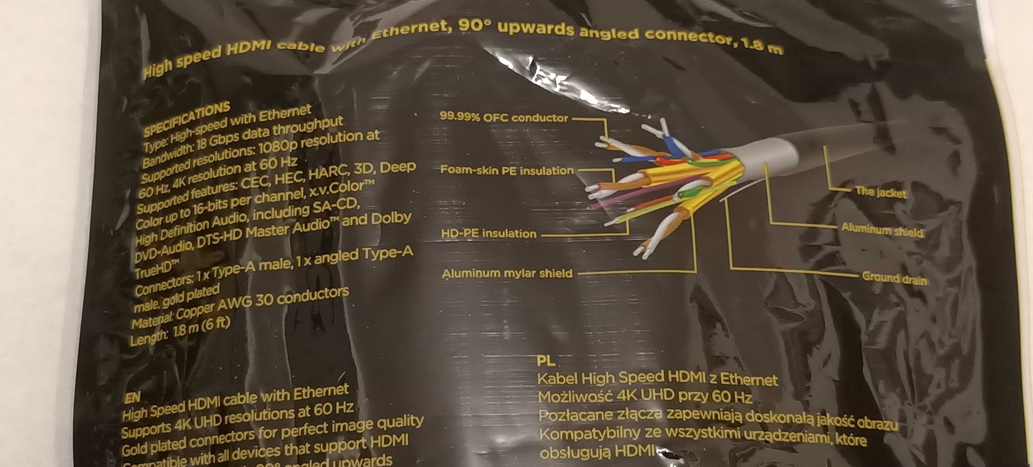 Kabel przewód HDMI 4K 1,8m kątowy 90 stopni