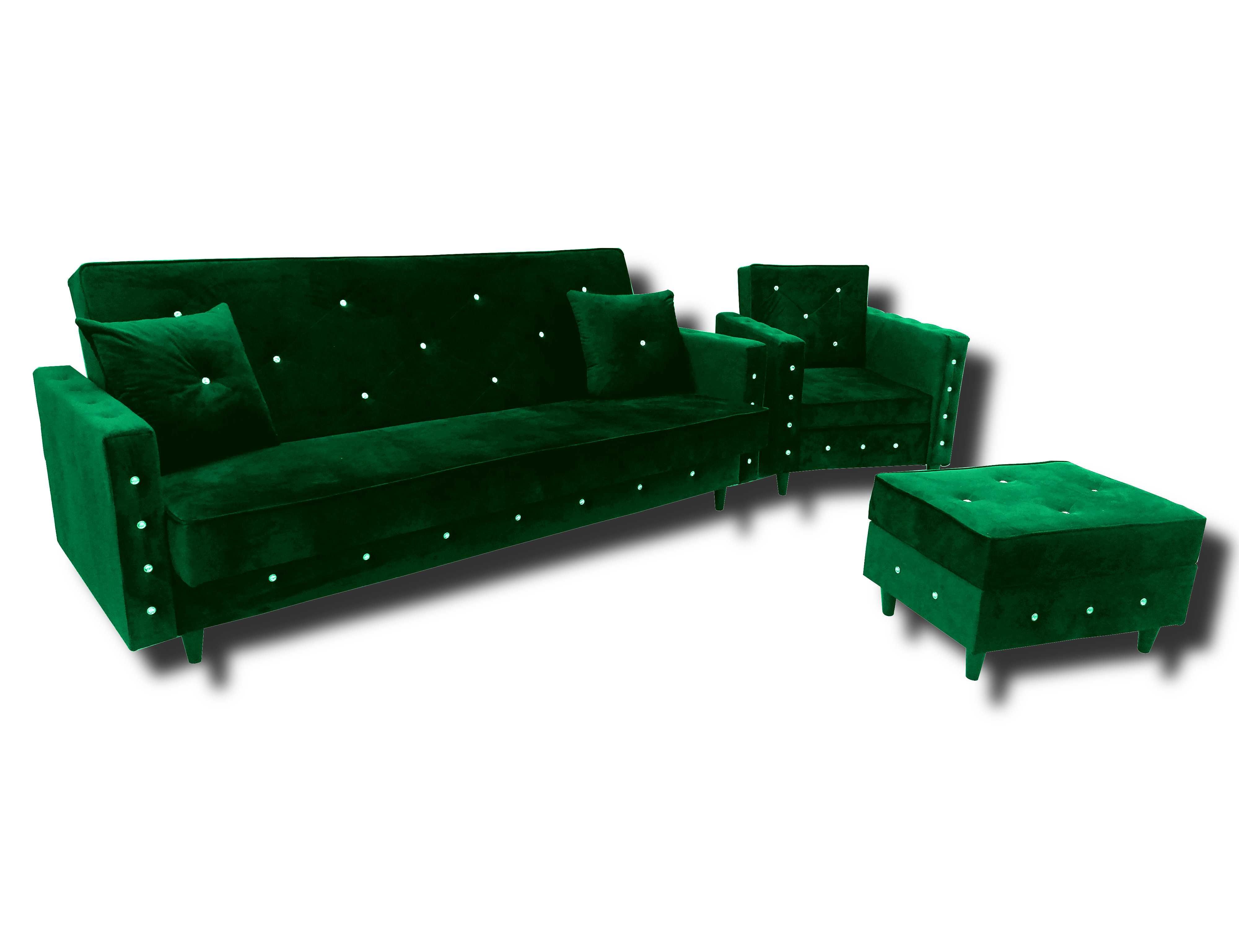 Piękny komplet Sofa rozkłdana Glamour Fotel podnóżek Kanapa Zestaw puf