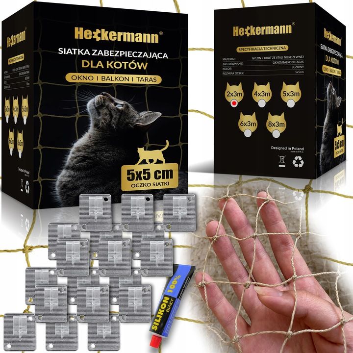 Siatka Na Balkon Z Drucikiem Premium Dla Kota Bez Wiercenia Zestaw 2x3