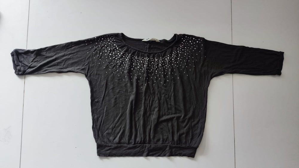 146/152 H&M Bluzka koszulka krótka ze srebrnymi dżetami rękaw ¾