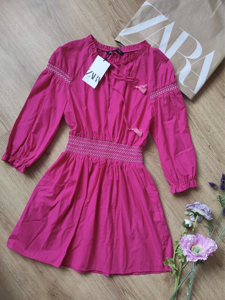 Сукня плаття ZARA рожева малинова міні вишивка коротке нова XS 34 Зара
