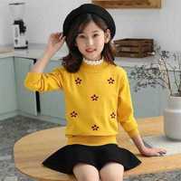 Nowy żółty dzianinowy sweter w bordowe kwiatki haftowana stójka r. 150