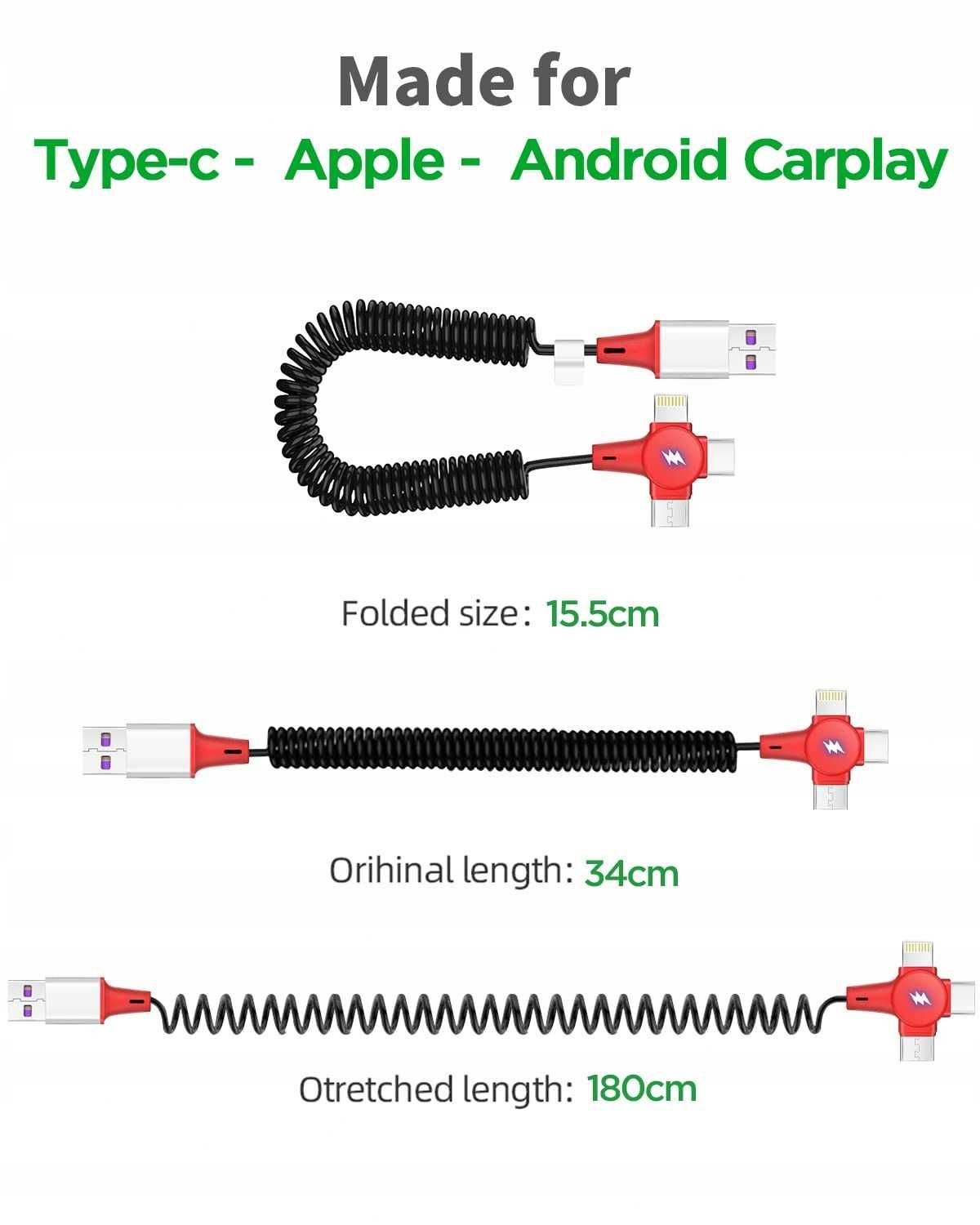 Kabel Spiralny Elastyczny 3w1 USB-C/Lightning/Micro-USB 180cm