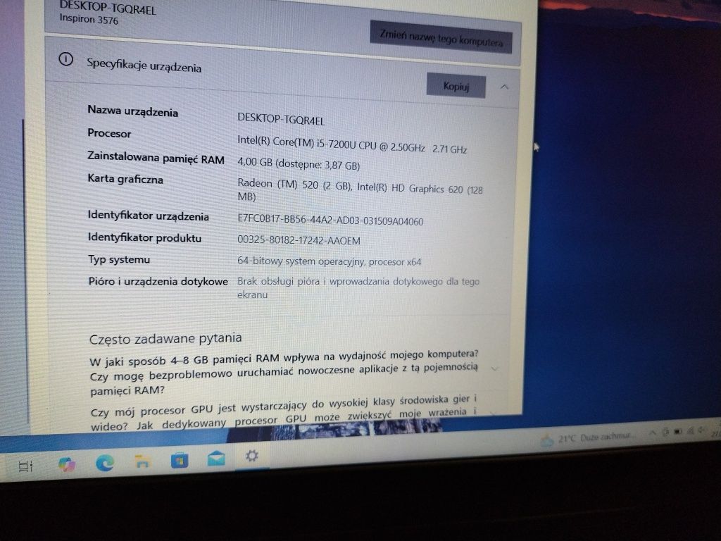 Laptop DELL 15 cali, Intel Core i5, 4 GB RAM,