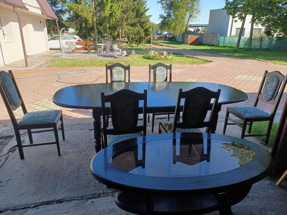 Duży stół drewniany, ława, 6 krzeseł