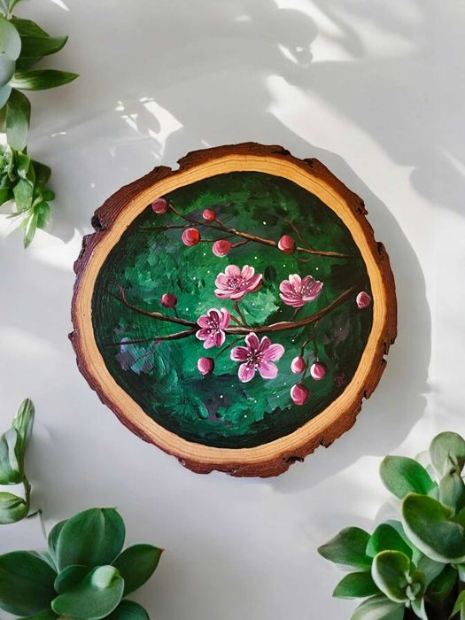 Pintura sobre Fatia de Madeira Rústica - "Ramo de Cerejeira" (19 cm)