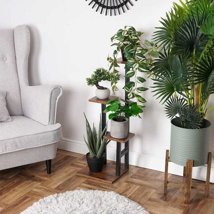 Kwietnik Stojący Metalowy Drewniany 4 Doniczki Z Kwiatami Rośliny 84cm