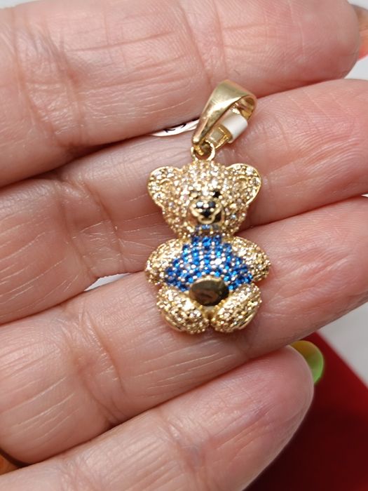 Złoty wisiorek Miś z biało niebieskimi cyrkoniami, złoto próby 585