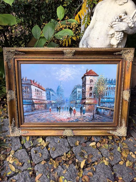 Imponujący obraz olejny na płycie, Paryż, impresjonizm, drewniana rama