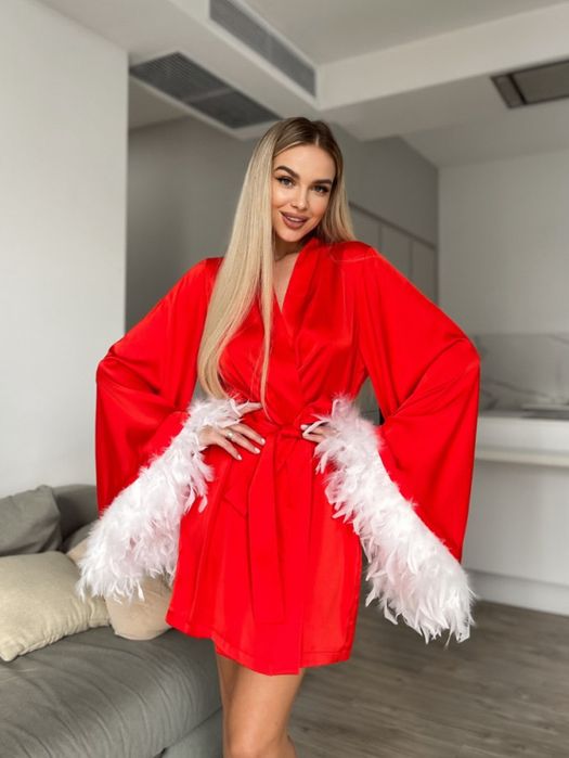 НА ПОДАРУНОК! Піжамна Шовкова сорочка + халат з пір’ям. Вау-образ!