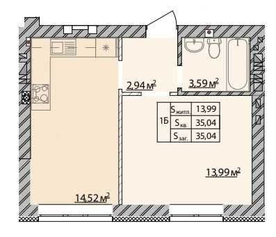 Продаж однокімнатна квартира 35м2 ЖК Молодість