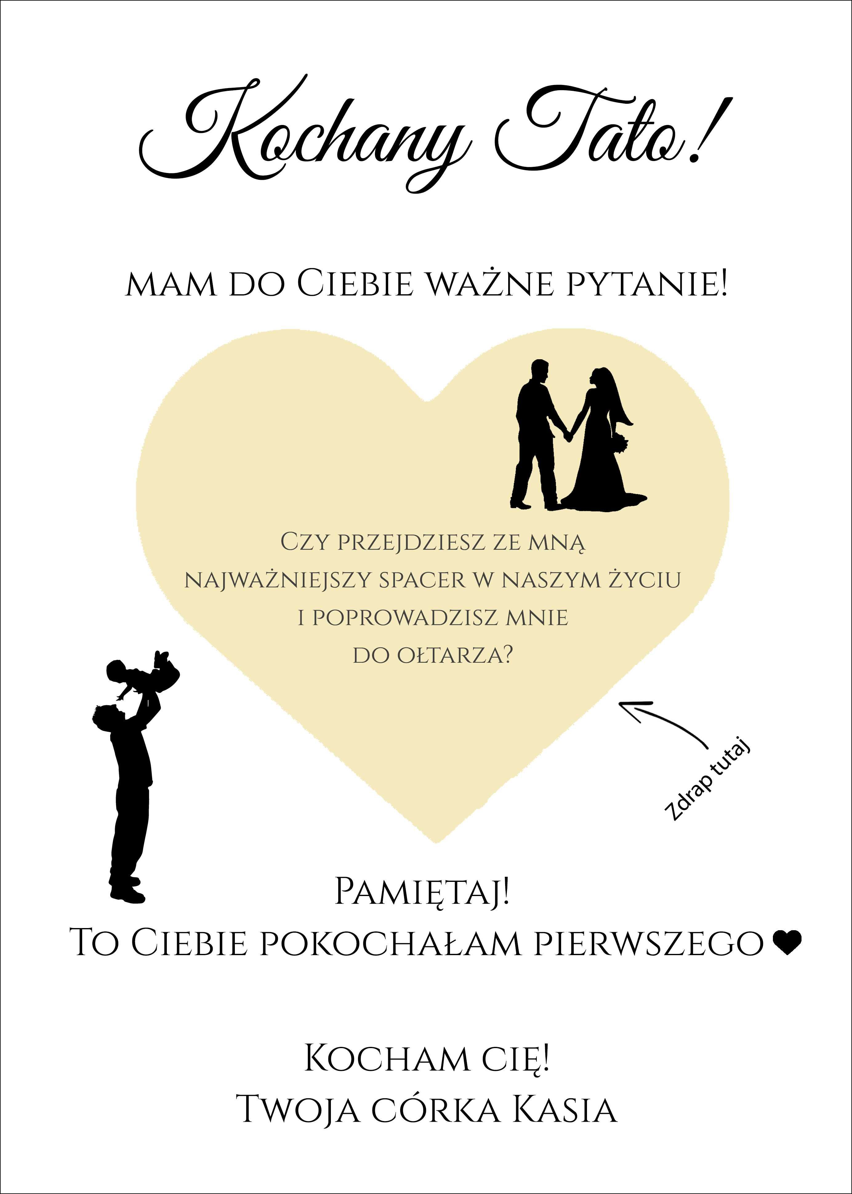 zdrapka weselna dla taty z prośbą o prowadzenie do ołtarza