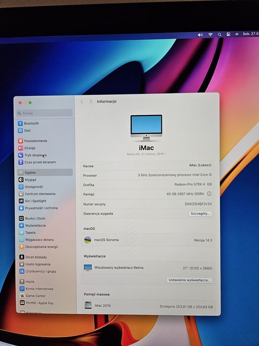 Komputer Apple iMac 27' Retina 5K 40GB RAM 256GB idealny stan