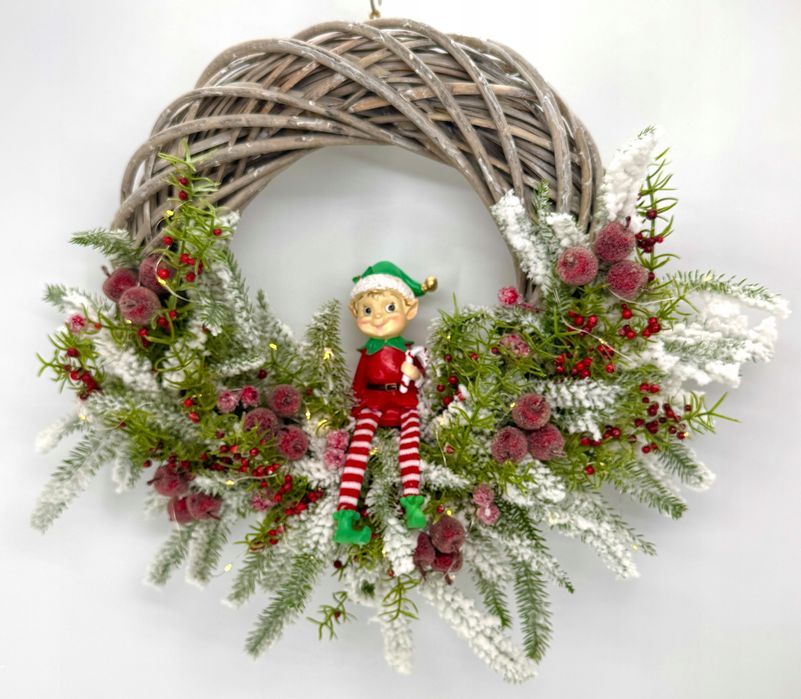 Wianek świąteczny LED zimowy na drzwi z elfem ręcznie robiony