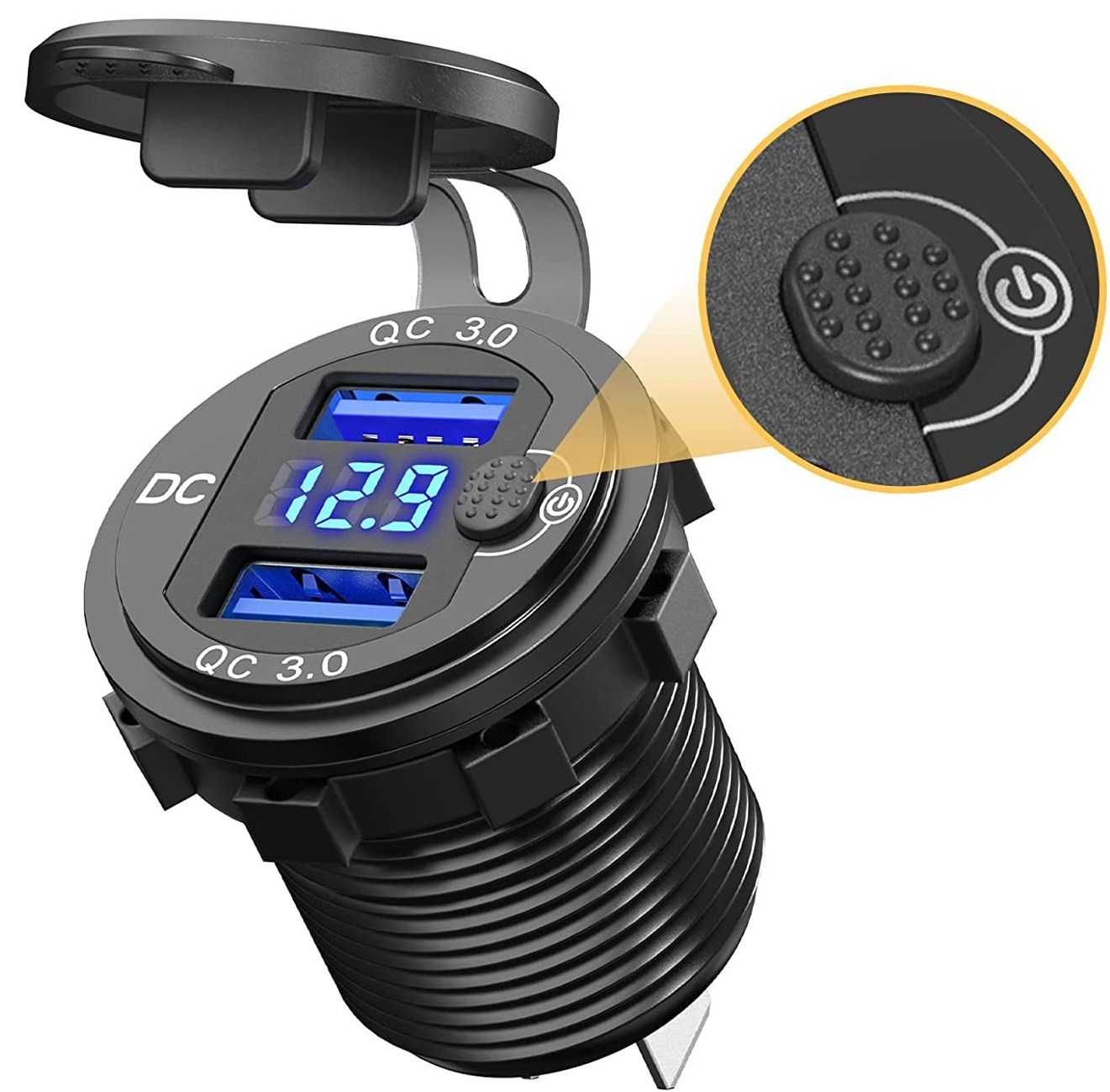 Быстрая зарядка USB с вольтметром QC 3.0 12В-24В металлическая врезная