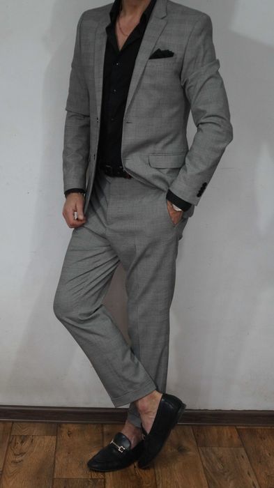 Garnitur H&M Rozmiar 46 i 52 Skinny Fit Kolor Szary Krata