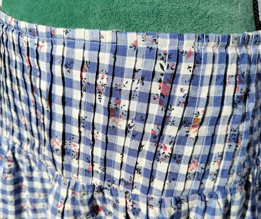 Spódnica Pas 38 M bawełna niebieska kratka kwiatki retro midi milkmaid