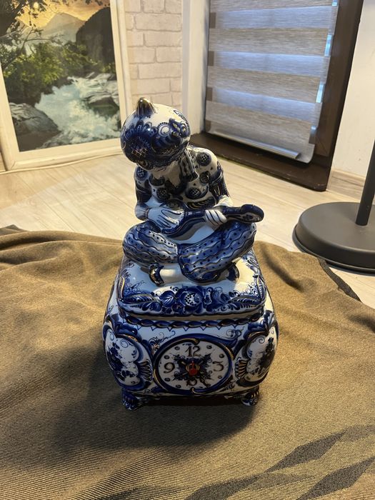 Unikatowy zegar porcelanowy Gżel 40cm- ręcznie malowany, złocenia itp.