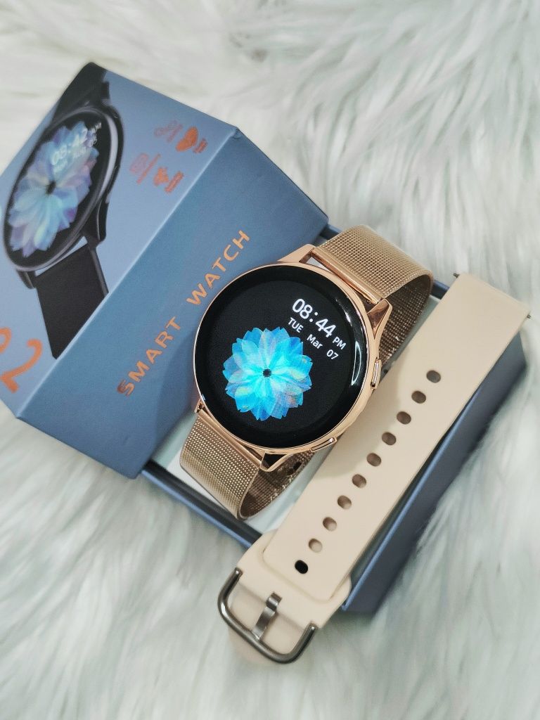Nowy Smart Watch T2Pro z Okragla Tarcze Damski Zloty Pasek