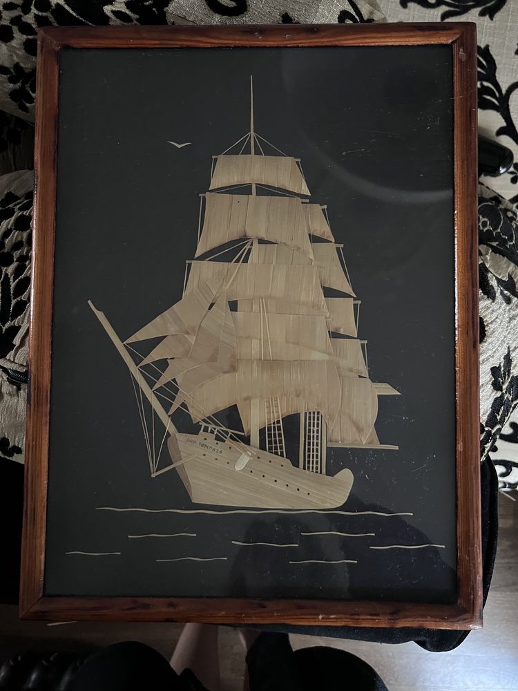 Obraz statek w ramce za szkłem stary a4 piękny