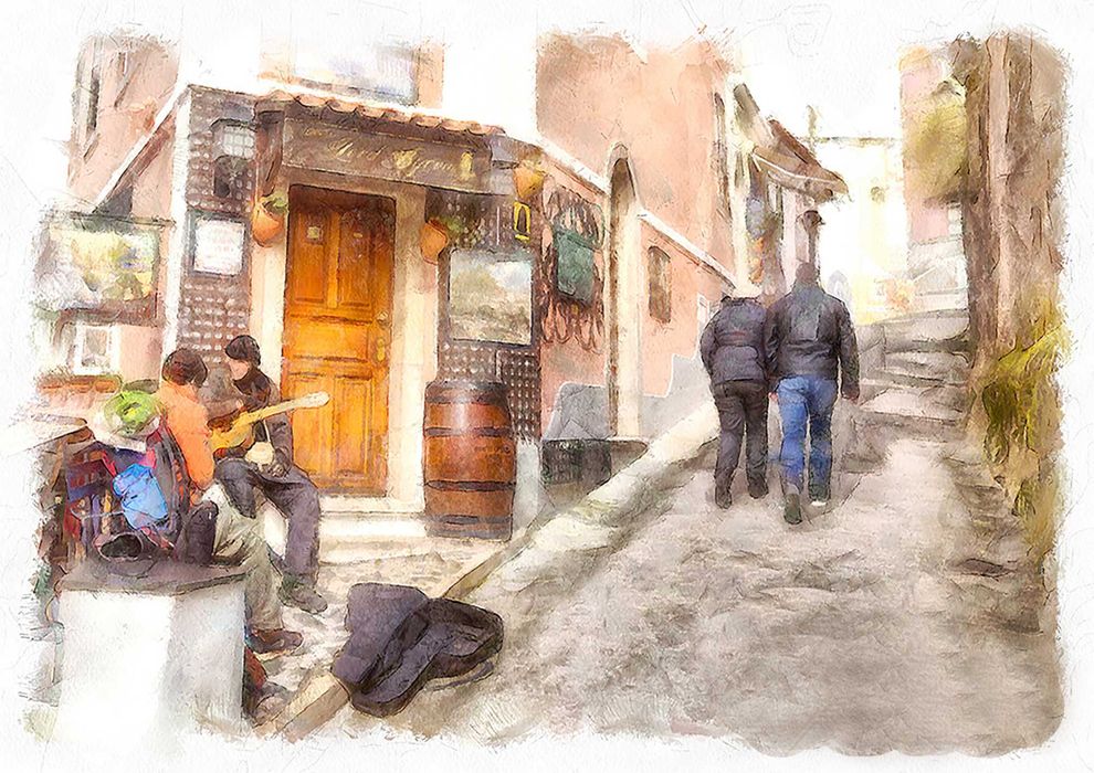 "No Lord Byron Cafe em Sintra." Impressão em aguarela A3 29,7 x 42 cm.